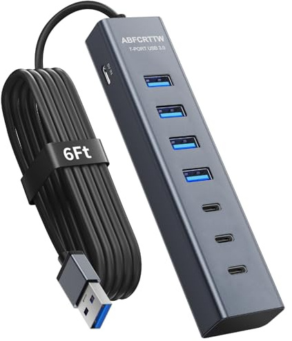 Hub USB 3.0 de 7 puertos de 6 pies para escritorio, 4 puertos USB-A y 3 puertos USB-C, concentrador USB de aluminio de 5 Gbps, divisor USB, cable largo para escritorio, PC, unidad flash, disco duro