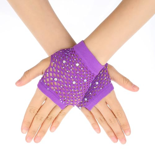 Guantes de Rejilla Cortos de Nailon con Pedrería Niñas Accesorios de Fiesta de los Años 80 Guantes Sin Dedos de Malla para Cosplay Fiesta Temática de Halloween Disfraz Rendimiento Mangas de Rejilla