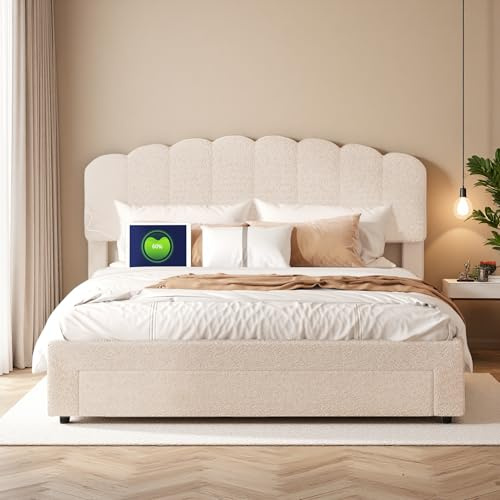 KRYZOR Polsterbett 140x200cm, Mädchenbett mit Schubladen, Bettgestell für mädchen, Stauraumbett mit USB und Type-C-Anschluss, Doppelbett mit verstellbarem Kopfteil, Jugendbett, Beige (Beige, 140x200)