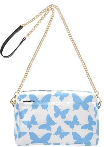 miaozhen Kleine Umhängetasche für Damen, veganes Leder, modisch, blauer Schmetterling, weiß, Damengeldbörse, Reißverschluss, Frauen-Handtasche, Schultergurt