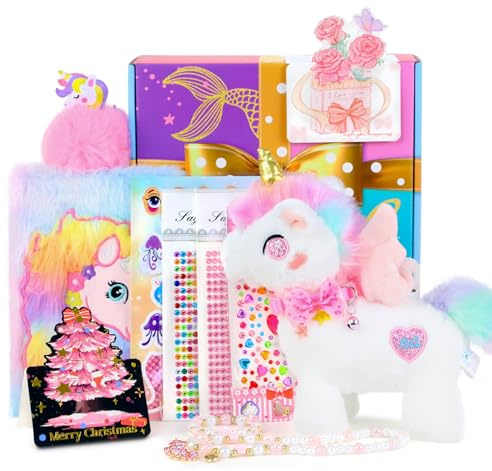 Einhorn Geschenke für Mädchen 3 4 5 6 7 8 Jahre, Spielzeug Geschenkset mit Kuscheltier, Tagebuch mit Schloss, Schmuck Set, DIY Sticker, Geschenk für Geburtstag, Weihnachten, Ostern, Back to School