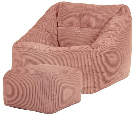 Icon Natalia Sitzsack Sessel mit Hocker für Erwachsene, Rosa, Flauschiger Cord Stoff, Riesen Sitzsack Samt mit Füllung, Bean Bag Chair, Bequemer Sessel Wohnzimmer, Lounge, Schlafzimmer, Büro
