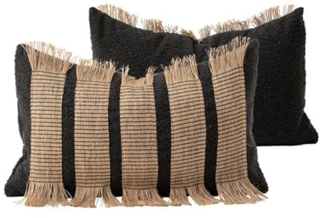MOCOFO Wabi-Sabi Gestreifter Kissenbezug, Handgewebte Jute-Baumwoll Dekokissenhülle mit Fransen, Boho Bauernhaus Stil, 45x45 cm & 30x50 cm, Schwarz-Natur (Schwarz/Natur, 30x50 cm)