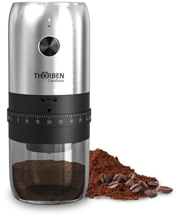 Thörben Molinillo de Café Eléctrico Profesional, Recargable USB-C, Acero Inoxidable, 40 Niveles de Molienda, Muelas de Cerámica de alta precisión y gran nivel de dureza, 30g de Carga, 10W, Portátil