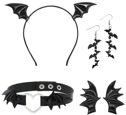 JqruiTbeis Kostüm Fledermaus, Fledermaus Ohren, Fledermaus Umhang Damen, 5-teiliges Set mit Kopfschmuck, Halskette, Haarklammern und Ohrringen für Karneval und Cosplay