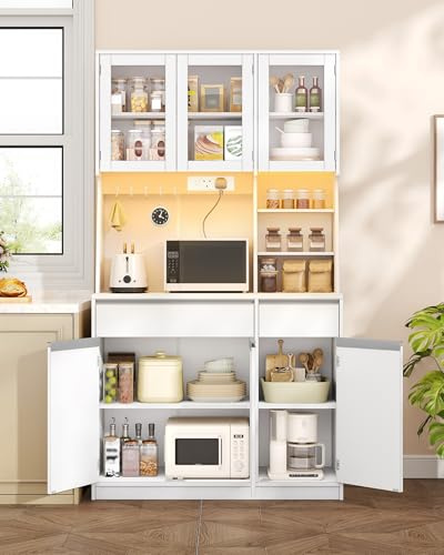Hzuaneri Kitchen Cupboard with LED & Power Outlet, Tall Kitchen Cabinet | Sideboard Storage Cabinet with Countertop & 2 Drawers, Adjustable Shelves, Dining Room, 40 x 100 x 180 cm, White PT00103XUK