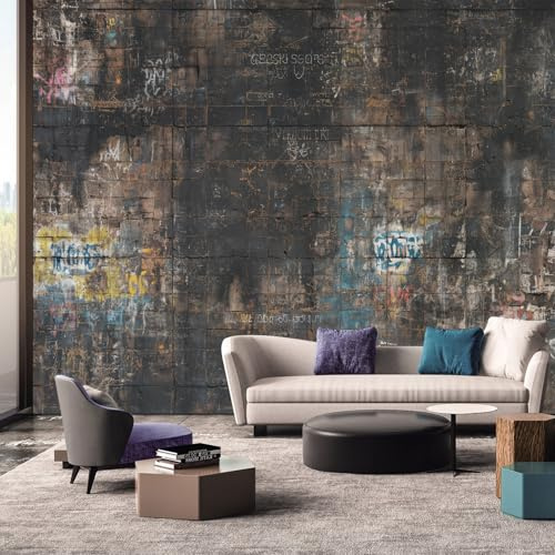Graffiti Tapete, Tapete Vintage 3D Holzwand Fototapete Wohnzimmer Schlafzimmer Küche Innen, Graffiti Wand Deko Wandtapete 315L x 215B cm