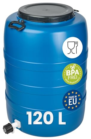 Garronda 120 L mit Hahn Weithalsfass Futtertonne Wassertank GD-0186 | Blau, mit Deckel, für Wasser, Lebensmittel, Lagerung und Fermentierung, als Kunststofffass, Gärbehälter und Vorratsfass
