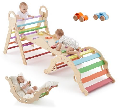 VEVOR Set Pikler di Arrampicata 9 in 1 per Bambini Piccoli Uso Interno, con 2 Macchinine in Legno Cuscino Triangolo Arco e Rampa, Portata Massima 68 kg, Set Montessori Pieghevole per Bambini Piccoli