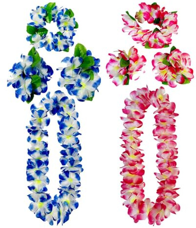 Leis Hawaïens 8 Pièces Tropical Collier de Fleur Décoration Hawaïennes Fleurs Bracelets Bandeau Rose Bleu Couronne Hawaïenne pour Thème de Fête Hawaï d'été Plage Carnaval Mariage