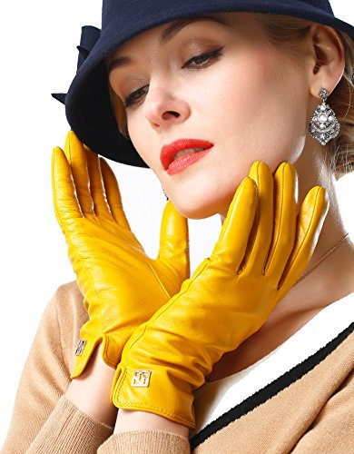 NappaNovum Damen Italienische Lederhandschuhe Lammfell Winter Komfort Handschuhe (Touchscreen oder ohne Touchscreen) - Gelb - Large