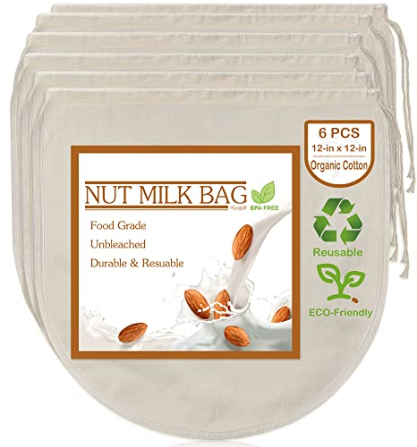 6 PCS 12x12 Nut Milk Bags - 100% Unbleached Cotton Cheesecloth, Reusable Food Strainer Colander For Straining Almond/Oat Milk, Celery Juice, Cold Brew Coffee, Yogurt and Cheese Making