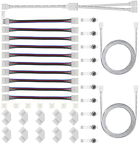 JIRVY LED Strip Zubehör-Set für 4-polig 10mm RGB SMD 5050 LED Strip Verbinder, Eckverbinder, Befestigungsclips - Indoor und Outdoor geeignet, 72 Watt, Mehrfarbig, RGB, 5050 LED, Kupfer, Plug & Play