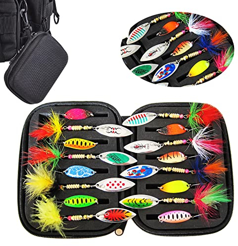 Walant 16 Stück Angelköder Set,Kunstköder Spinner Köder,angelköder Zander,angelköder mit Tragetasche für Hecht,Zander,Barsch und Forelle,Spinner (Typ B)