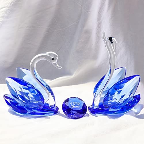 2PCS Crystal Swans Ornaments Gifts for Couple, Glass Figurines Collectibles With Sapphire Diamond 45th Anniversary Wedding Presents for Parents (45 Years Blue)