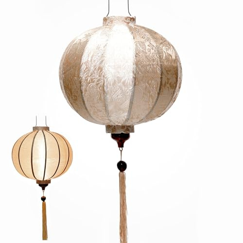 Asiatische Laterne aus Seide, R Ø 33 cm, Farbe Champagner, reflektierend, Rosa – Traditioneller Hoi an Lampion aus Stoff, Bambus und Holz – Dekoration und Handwerk aus Vietnam (R20-BE)
