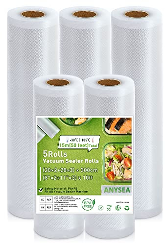 Anysea Vakumiererbeutel Vakuumierfolie Vakuumbeutel-Lebensmittel Vakumierfolienrollen Einschweissbeutel:Vakuumrollen Folienrollen für Vakuumierer BPA Frei Sous Vide Beutel 5 Rollen 20x2/28x3/x300cm