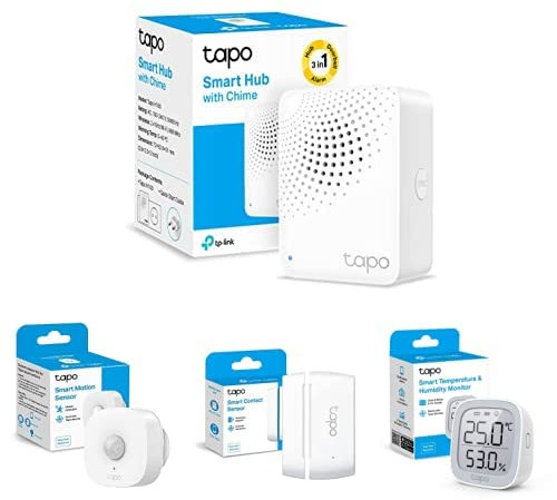 Bundle of TP-Link Tapo H100 Smart Hub + Tapo T100 - Detector de Movimiento + Tapo T110 - Sensor de Contacto Inteligente + TAPO T315-Monitor de Temperatura y Humedad