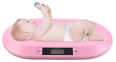 Babywaage mit LCD Display, Elektronische Baby Waage, Digitale Kinderwaage bis 20Kg, Kinderwaage, Haustierwaage, für Kinder, Neugeborene und Tier, Tara-Funktion, 55x32x2.7cm, Rosa, mit Handtuch+Lineal