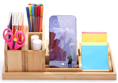 Cididu Bamboo Desk Vanity Tray, 7 Pieces Adjustable Pen Holder Stationery Caddy, Bathroom Vanity Organizer Set, Sturdy Countertop Tray Storage Boxes Office Supplies for Makeup Small Items Home Kitchen