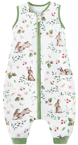 Teechodina Baby Schlafsack mit Füßen 100% Baumwolle 1.5 Tog Kinder Ganzjahres Schlafsack mit Beinen Sommer Schlafanzug für Jungen Mädchen, Kirschkaninchen/1.5 Tog, 90cm/Baby Höhe 100-110cm