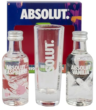 Absolut Flavoured Vodka Duo & Glass Set, 1x 50ml Vanilla, 1x5cl Raspberry, Alcohol Miniatures with Mini Shots Glass - Birthday Vodka Gift Set for Men and Women