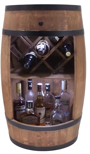 CREATIVE COOPER Fass bar mit Weinhalter - Weinregal LED - Holzfass Hausbar 80x50cm - Rustikaler deko Barschrank Weinständer – Weinschrank (Dunkelbraun)
