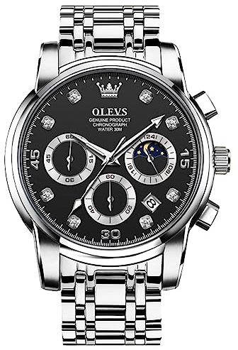OLEVS Silber Armbanduhr Herren Wasserdicht Lässig Schwarz Zifferblatt Uhren Herren Chronograph Mode Quarz Analog Herrenuhren Edelstahl Großes Herren Uhr mit Datum Diamant Business Kleid Uhren Metall