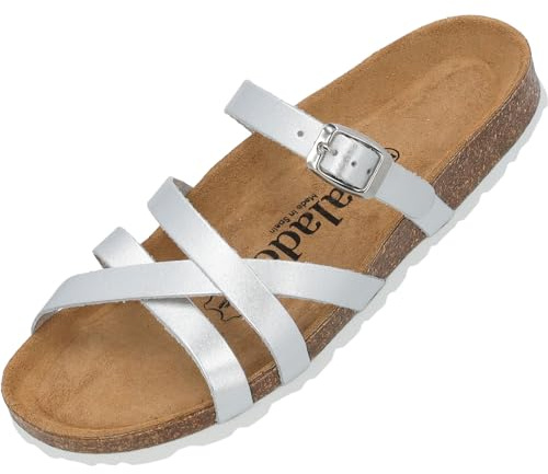 Palado Pantoletten Damen Cruisi Premium Leather - bequeme Sandalen Made in Spain - Hausschuhe mit Kork-Fußbett - elegante Sommerschuhe Silber Metallic UK5,5 - EU38