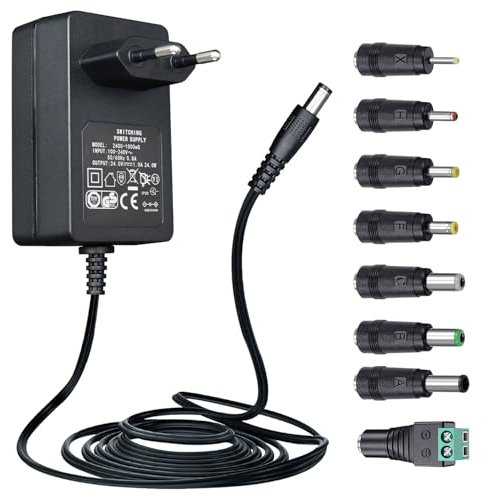 24V 1A/1000mA 1,8M Netzteiladapter, AC 100-240V auf DC 24V 1A 24W Schaltadapter 5,5x2,1mm Wandstecker mit 8 Spitzen für LED-Streifenlicht, Diffusor-Luftbefeuchter und mehr, CE-Zertifiziert