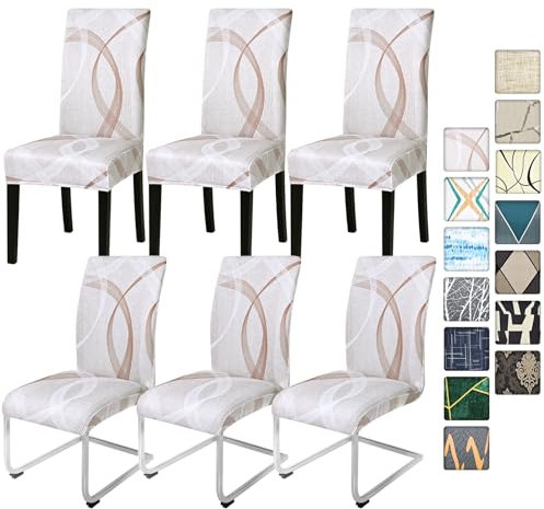 Alishomtll Stretch Stuhlbezug 4er/6er Set Khaki Stuhlhussen Schwingstuhl Elastische Stuhlhussen Abnehmbarer Waschbarer Esszimmerstühle Bezüge für Restaurant Hotel Bankett (Khaki Linie, 6 Stück)