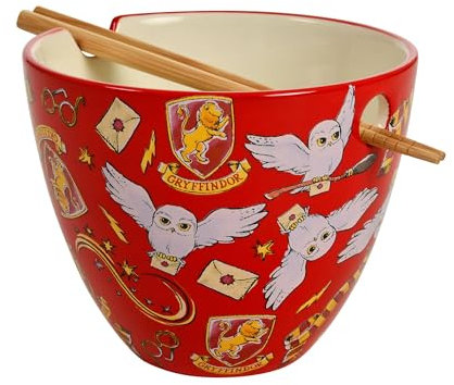 Elbenwald Ramen Ciotola con bastoncini – Harry Potter Magic Symbols – Idea regalo – Ciotola in ceramica – 550 ml – Set ciotola in ceramica bambù – rosso