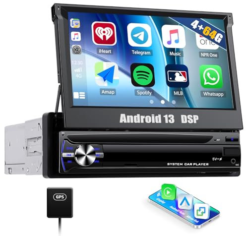 CAMECHO 4+64G 7 Zoll Navi Autoradio 1 Din Radio Wireless Carplay Touchscreen Ausfahrbarem Manuelle Display mit Bluetooth Android Auto GPS WiFi DSP FM/RDS Mirror Link SWC