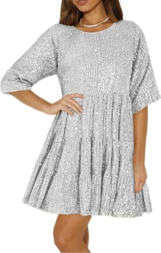 Awlsyj Robe de soirée à paillettes pour femme - Style années 80 - Robe de mariée - Robe de demoiselle d'honneur - Robe de cocktail ample et décontractée - Jupe courte, argenté/blanc, XXL