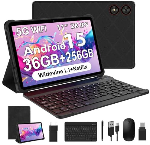 WOREGOO 11 Pollici Android 15 Tablet, 5G WiFi, Tablet in Offerta 2.0GHz Octa-Core, 36GB RAM+256GB ROM (1TB TF), Display 2000x1200 FHD, Widevine L1/8+13MP/8000mAh/GMS/GPS, con Tastiera+Mouse (Nero)