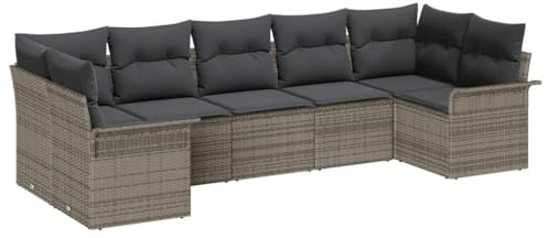 vidaXL 7-teiliges Garten-Sofa-Set mit Kissen in Grau aus Poly Rattan – Modulares Design für gemütliche Außenmöbel auf Terrasse oder Balkon. Perfekt zum Entspannen im Garten.