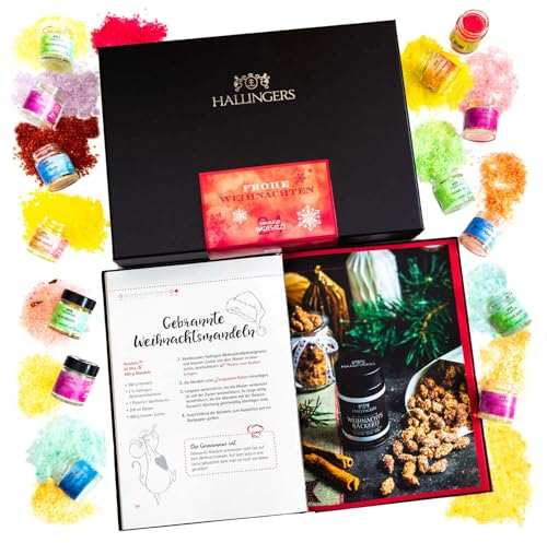 Hallingers Frohe Weihnachten & Happiness is handmade - 24er Badesalz-Weihnachten-Set mit Totes Meer-Salzen & Kochbuch (Set) - Geschenk im Sommer & als perfektes Grillgeschenk | Glückwunsch Glückwünsch