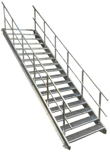 17 Stufen Stahltreppe mit beidseitigem Geländer/Breite 90cm Geschosshöhe 282-350cm / Robuste Außentreppe/Wangentreppe/Stabile Industrietreppe für den Außenbereich/Inklusive Zubehör