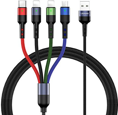 Multi Charging Cable USAMS 2Pack 4FT 4 in 1 Nylon Braided Multiple USB Fast Charging Cord Adapter Type C Micro USB Port Connectors Compatible Cell Phones Tablets and More