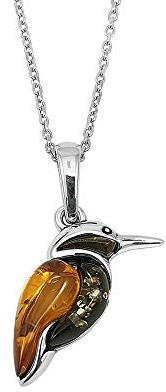 Kiara Jewellery Halskette mit Eisvogel-Anhänger aus Sterlingsilber mit eingelegtem Bernstein in gemischter Farbe an 45,7 cm langer italienischer Tracer-Kette.