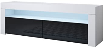 MB Muebles Bonitos, Mueble TV Aker con Luz LED para Salón Comedor, 2 Puertas Abatibles, Mueble de Televisión en Melamina Brillo, Color Blanco y Negro, 140x50.5x35 cm