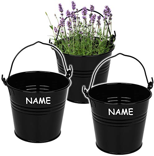 Kleiner - Metalleimer/Blumentopf - schwarz - inkl. Name - 15 cm hoch - 2 Liter - Metall rostfrei - Blech Eimer - rund - mit 3-D Effekt Rillen Prägung - mit ..