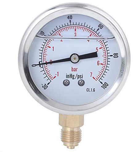 Pressure Gauge, Oil Filled Pressure Gauge 1/4 BSP -1 to 7bar, -30 to 100psi Stainless Steel Case Brass Inside Construction Liquid Filled Pressure Gauge