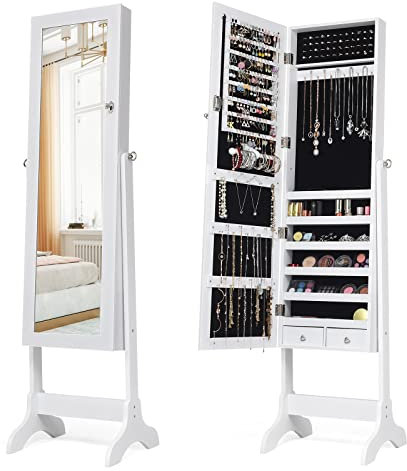 GOPLUS Armoire à Bijoux avec Miroir sur Pied, Armoire de Rangement Cosmétiques Inclinable en 4 Positions et Verrouillable, Grande Capacité avec 6 Étagères, 2 Tiroirs, pour Salon, Chambre (Blanc)