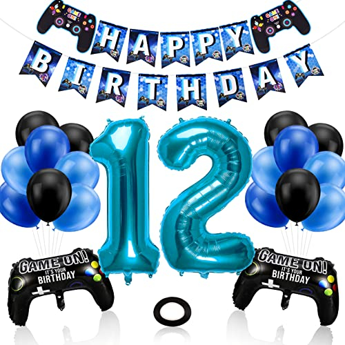 Phoetya Dekorationen zum 12. Geburtstag für Jungen, Gaming-Motto-Geburtstagsparty-Dekorationsset für Gamer, Happy Birthday-Banner, Game-Controller-Luftballons, schwarz-blaue Luftballons für Kinderpart