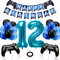 Phoetya Dekorationen zum 12. Geburtstag für Jungen, Gaming-Motto-Geburtstagsparty-Dekorationsset für Gamer, Happy Birthday-Banner, Game-Controller-Luftballons, schwarz-blaue Luftballons für Kinderpart