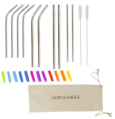Ensemble de 12 pailles réutilisables en inox, 12 embouts en silicone, 2 brosses de nettoyage et un sac de rangement- parfait pour accompagner vos boissons et cocktails: smoothie, mojito, thé, maté