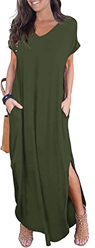 GRECERELLE Women Maxi Long Dress Summer | Casual Short Sleeve V Neck Maxi Dresses with Pocket