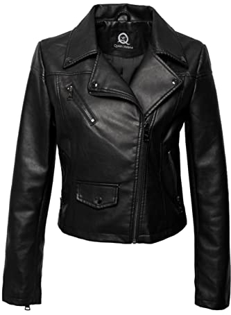 QUEEN HELENA Chiodo Giacca in Ecopelle Giubbino Corto Borchiato Giacchetta Biker Comoda Casual Leggera Donna Y3005 Nero M