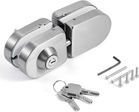 Serratura per porta in vetro senza fori, finitura in nichel spazzolato, con chiave e pomello, compatibile con vetro temperato 10-12 mm, installazione rapida, design moderno, acciaio inox 304.